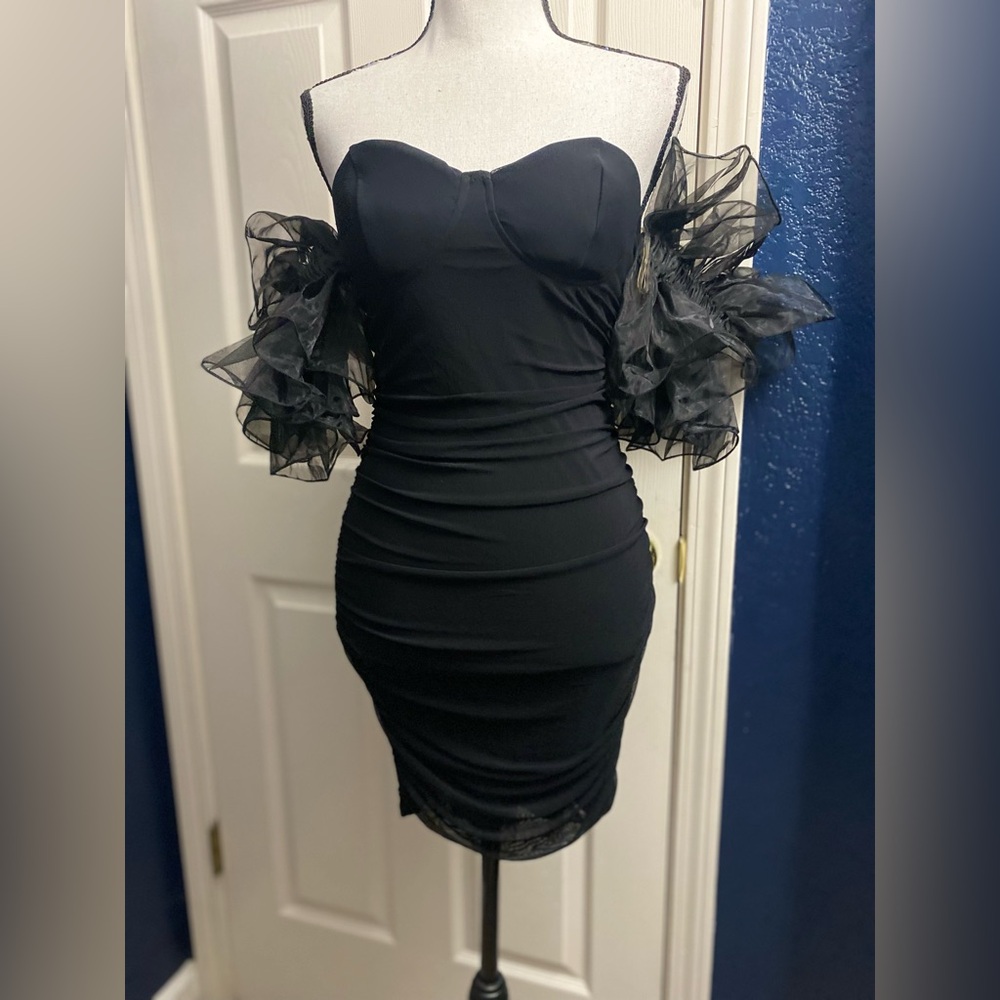 Fashion Nova Black Off-Shoulder Mini Dress with Puffy Organza Sleeves